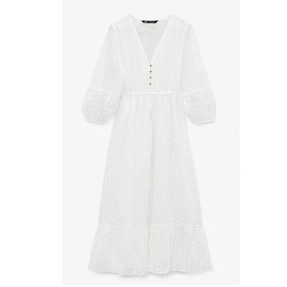 ZARA CUTWORK EMBROIDERY WHITE V-NECK MIDI DRESS - Picture 6 of 8